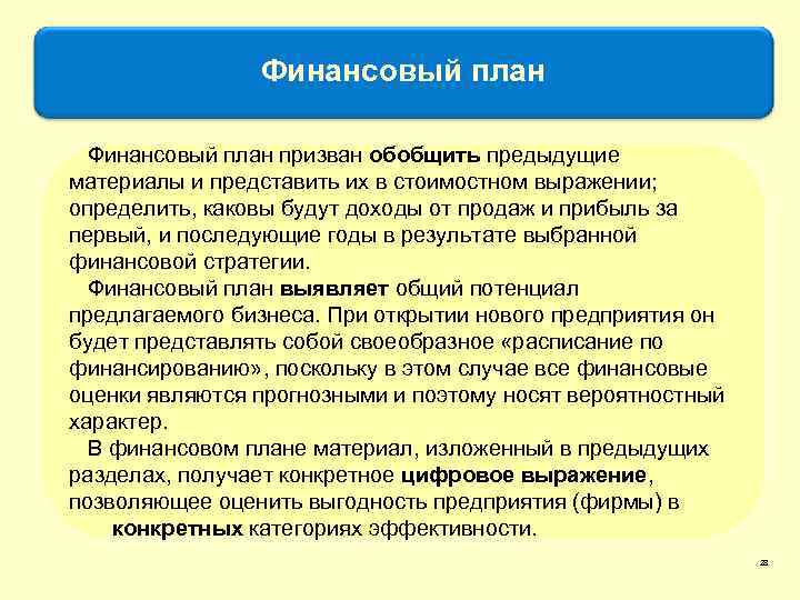 Финансовый план призван обобщить предыдущие материалы и представить их в стоимостном выражении; определить, каковы