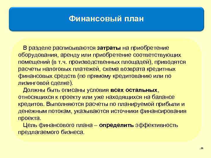 Финансовый план В разделе расписываются затраты на приобретение оборудования, аренду или приобретение соответствующих помещений