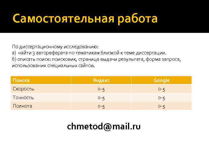 Самостоятельная работа По диссертационному исследованию: а) найти 3 автореферата по тематикам близкой к теме