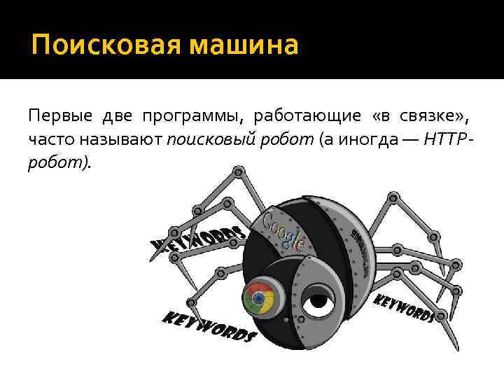 Поисковая машина Первые две программы, работающие «в связке» , часто называют поисковый робот (а