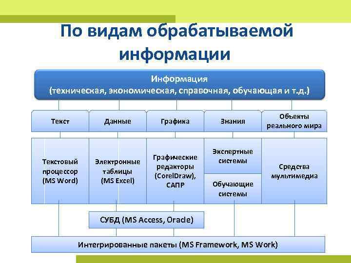 По видам обрабатываемой информации Информация (техническая, экономическая, справочная, обучающая и т. д. ) Текст