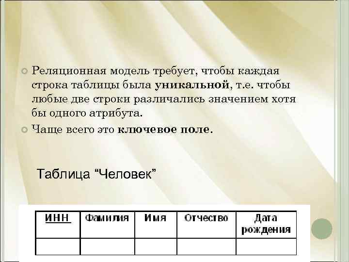 Реляционная модель требует, чтобы каждая строка таблицы была уникальной, т. е. чтобы любые две