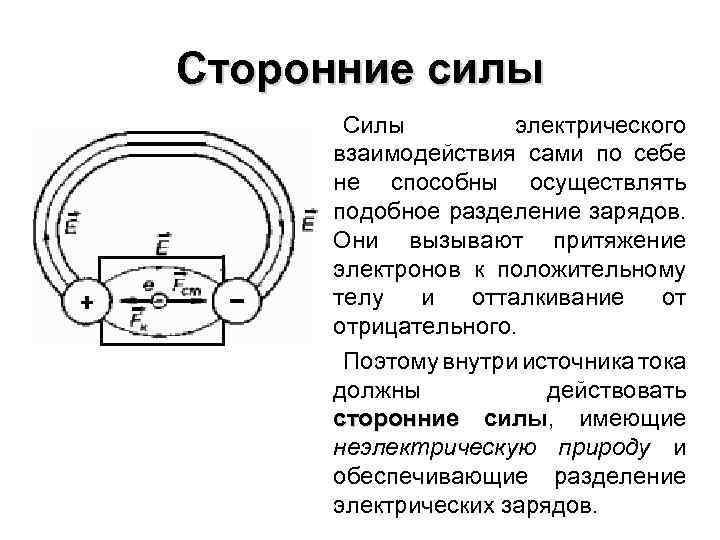 Сторонние силы • Силы электрического взаимодействия сами по себе не способны осуществлять подобное разделение