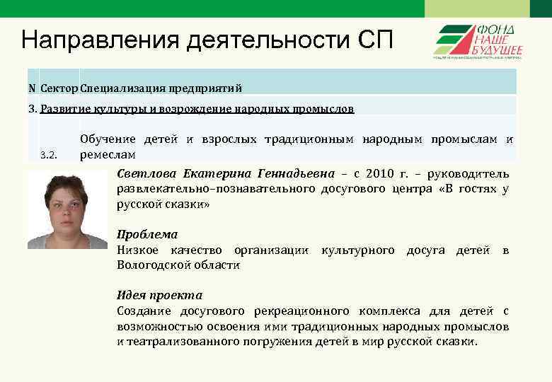 Направления деятельности СП N Сектор Специализация предприятий 3. Развитие культуры и возрождение народных промыслов