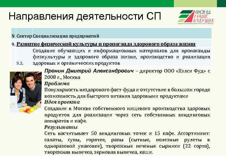 Направления деятельности СП N Сектор Специализация предприятий 9. Развитие физической культуры и пропаганда здорового