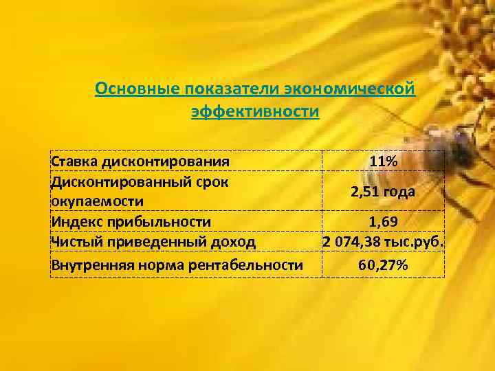 Основные показатели экономической эффективности Ставка дисконтирования Дисконтированный срок окупаемости Индекс прибыльности Чистый приведенный доход