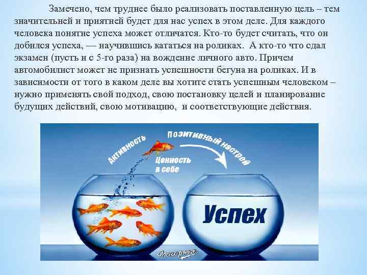 Замечено, чем труднее было реализовать поставленную цель – тем значительней и приятней будет для