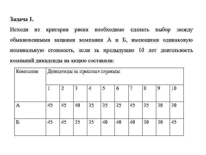Задача 1. Исходя из критерия риска необходимо сделать выбор между обыкновенными акциями компании А