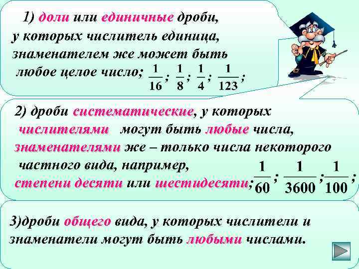 1) доли или единичные дроби, у которых числитель единица, знаменателем же может быть любое