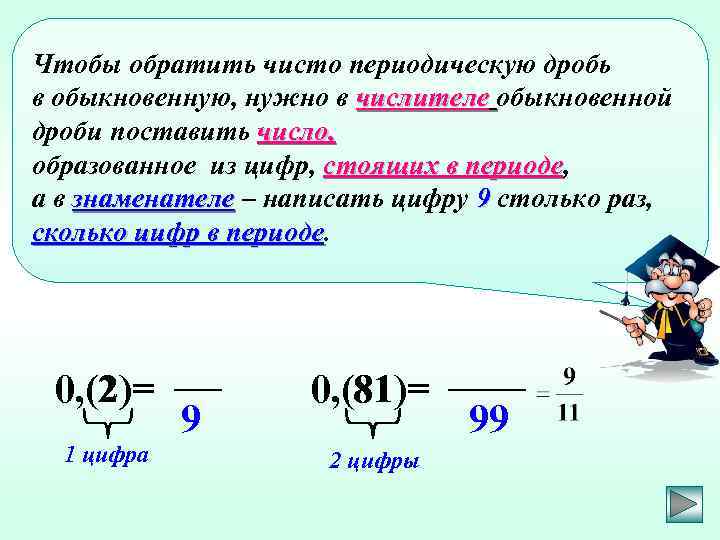 Чтобы обратить чисто периодическую дробь в обыкновенную, нужно в числителе обыкновенной дроби поставить число,