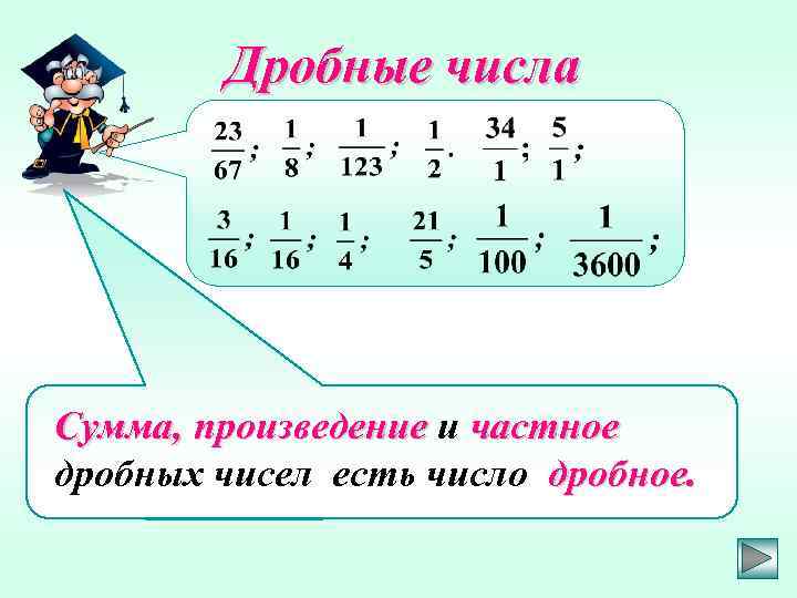 Дробные числа Сумма, произведение и частное дробных чисел есть число дробное. 