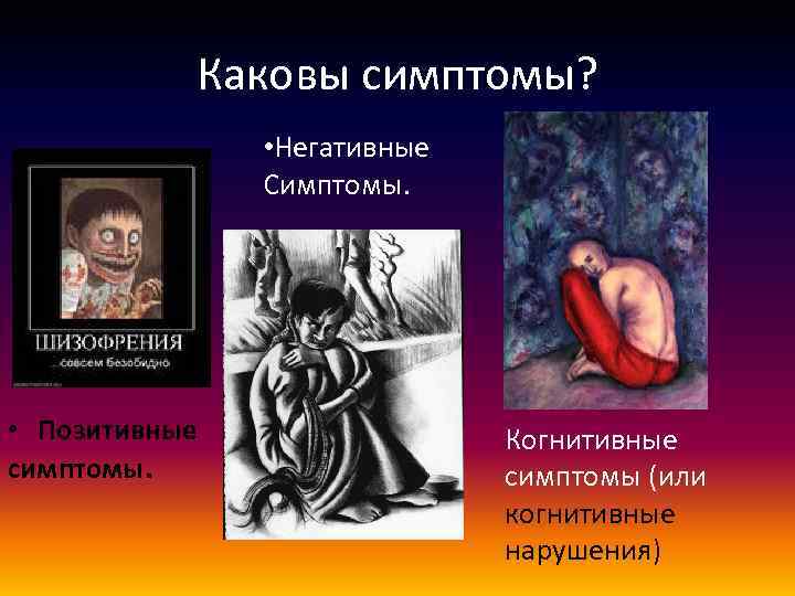 Каковы симптомы? • Негативные Симптомы. • Позитивные симптомы. Когнитивные симптомы (или когнитивные нарушения) 