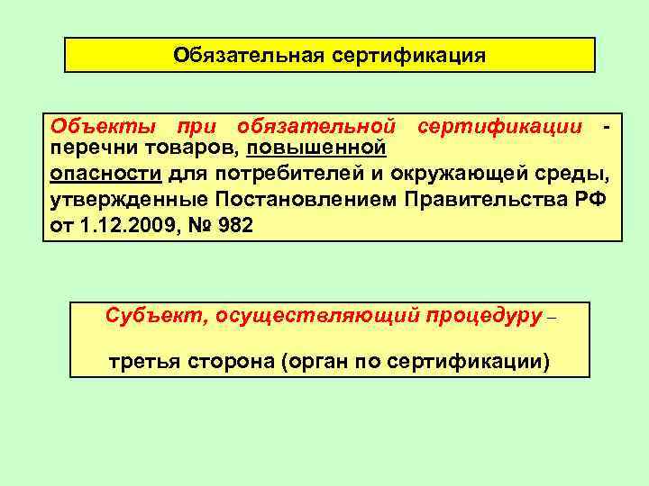 Обязательная сертификация Объекты при обязательной сертификации перечни товаров, повышенной опасности для потребителей и окружающей