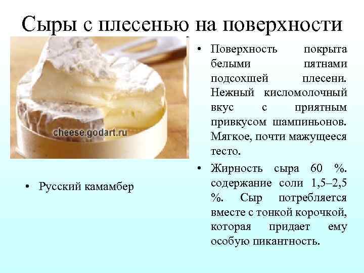 Сыры с плесенью на поверхности • Русский камамбер • Поверхность покрыта белыми пятнами подсохшей