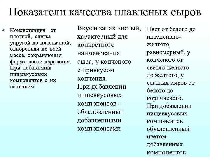 Показатели качества плавленых сыров • Консистенция от плотной, слегка упругой до пластичной, однородная по