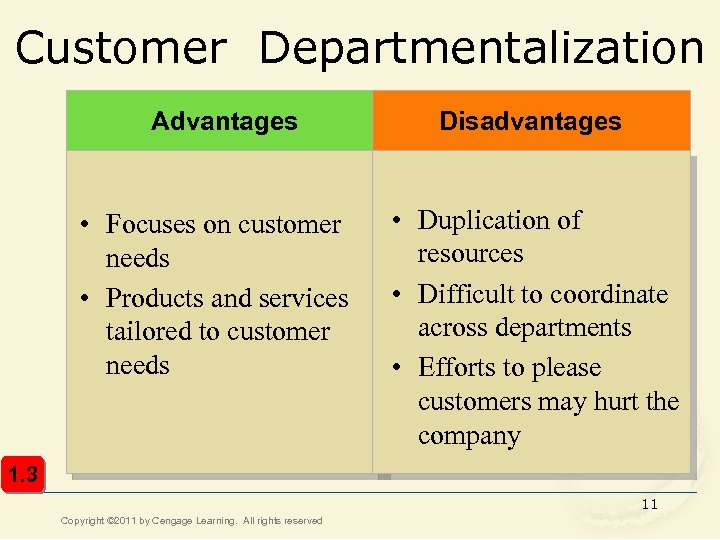 Customer Departmentalization Advantages • Focuses on customer needs • Products and services tailored to