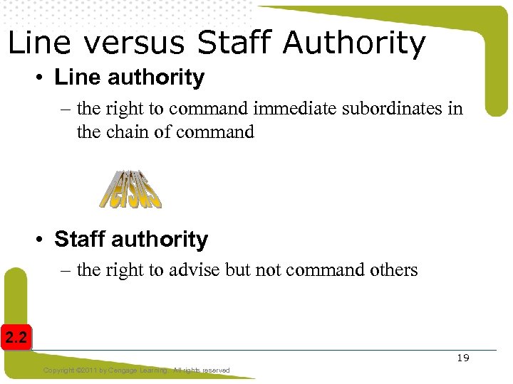 Line versus Staff Authority • Line authority – the right to command immediate subordinates
