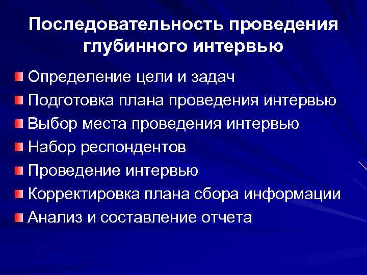 Последовательность проведения глубинного интервью Определение цели и задач Подготовка плана проведения интервью Выбор места