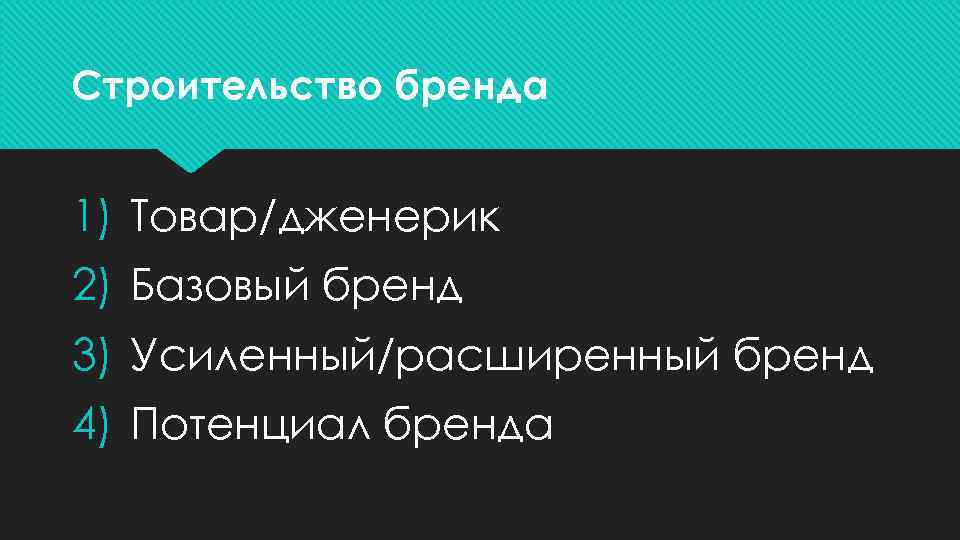 Строительство бренда 1) Товар/дженерик 2) Базовый бренд 3) Усиленный/расширенный бренд 4) Потенциал бренда 