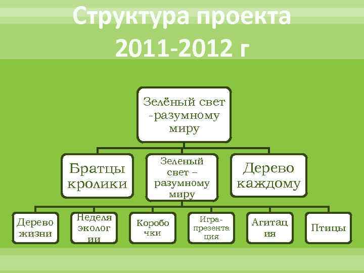Структура проекта 2011 -2012 г Зелёный свет -разумному миру Братцы кролики Дерево жизни Неделя