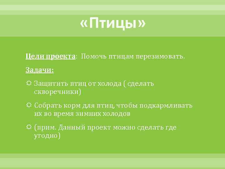 «Птицы» Цели проекта: Помочь птицам перезимовать. Задачи: Защитить птиц от холода ( сделать
