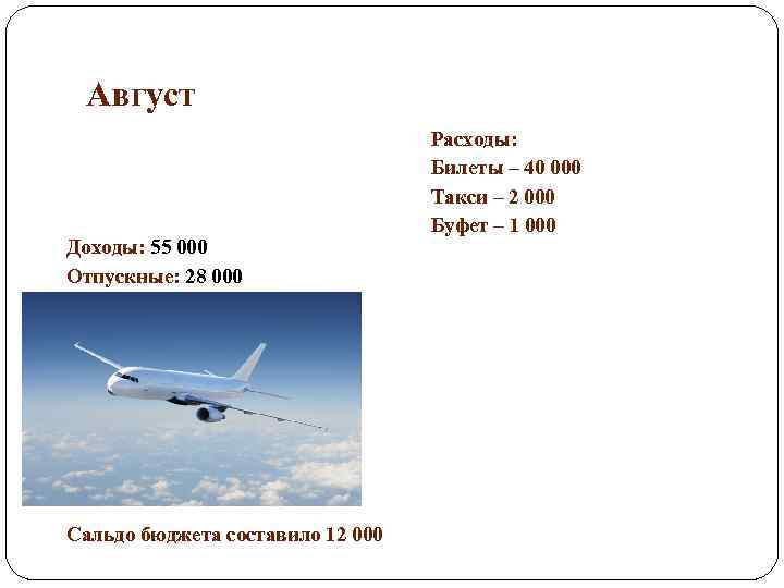 Август Доходы: 55 000 Отпускные: 28 000 Сальдо бюджета составило 12 000 Расходы: Билеты