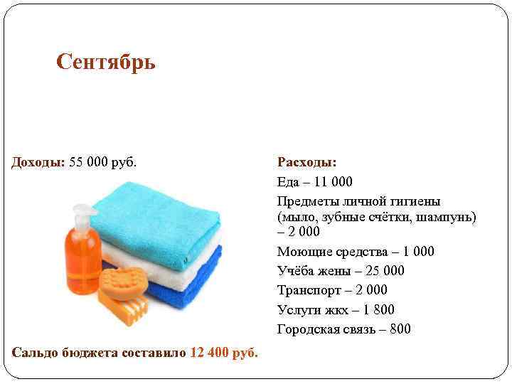 Сентябрь Доходы: 55 000 руб. Сальдо бюджета составило 12 400 руб. Расходы: Еда –