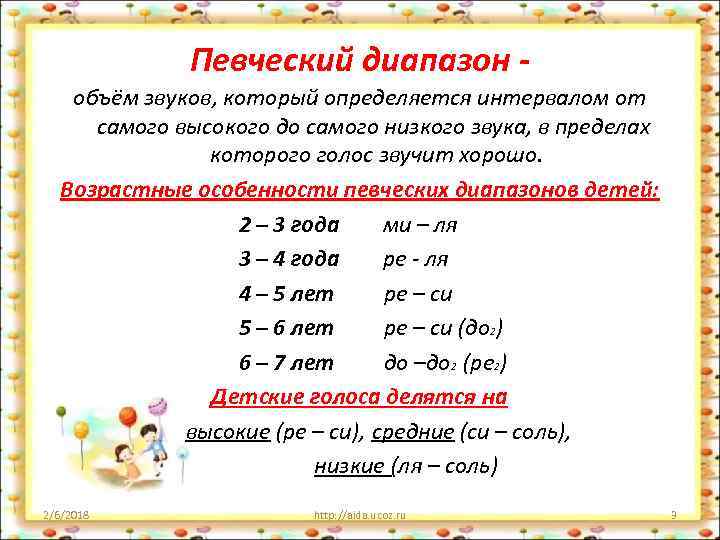 Певческий диапазон объём звуков, который определяется интервалом от самого высокого до самого низкого звука,