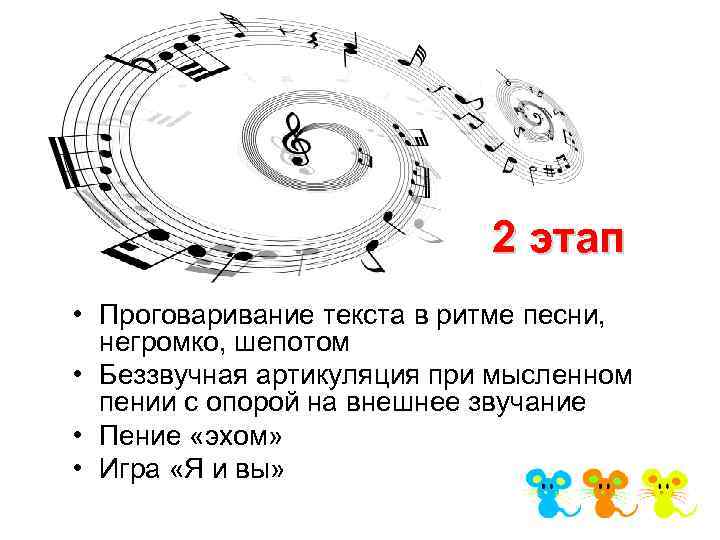 2 этап • Проговаривание текста в ритме песни, негромко, шепотом • Беззвучная артикуляция при