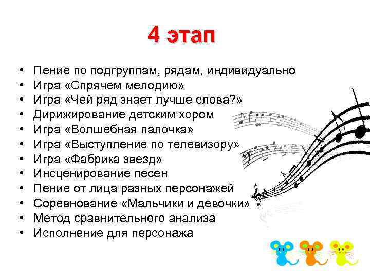 4 этап • • • Пение по подгруппам, рядам, индивидуально Игра «Спрячем мелодию» Игра