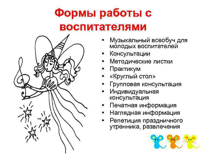Формы работы с воспитателями • Музыкальный всеобуч для молодых воспитателей • Консультации • Методические