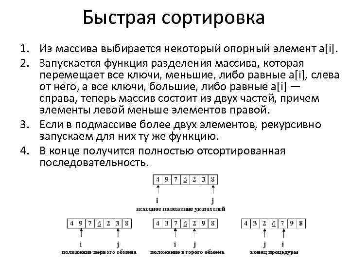 Быстрая сортировка 1. Из массива выбирается некоторый опорный элемент a[i]. 2. Запускается функция разделения