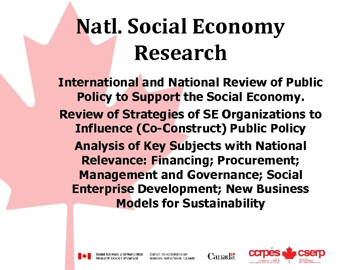 Natl. Social Economy Research International and National Review of Public Policy to Support the