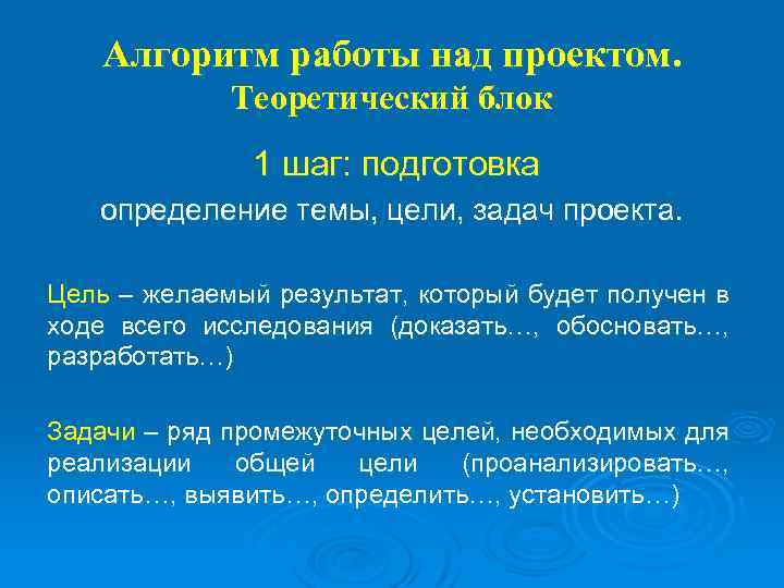 Алгоритм работы над проектом. Теоретический блок 1 шаг: подготовка определение темы, цели, задач проекта.