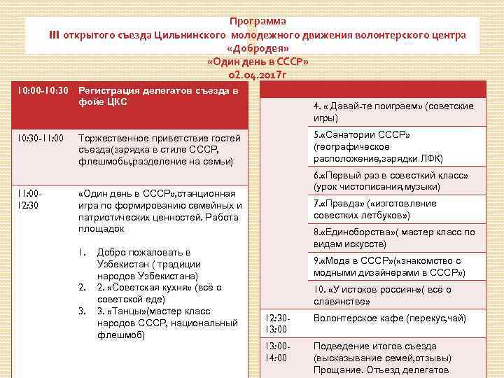 Программа III открытого съезда Цильнинского молодежного движения волонтерского центра «Добродея» «Один день в СССР»