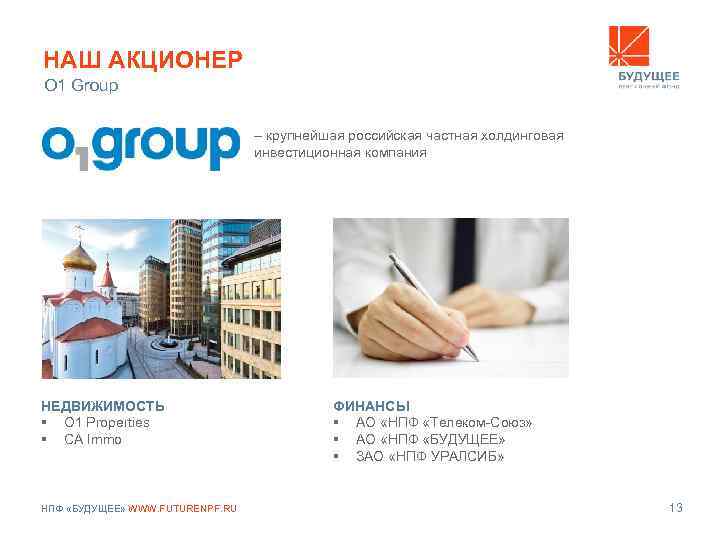 НАШ АКЦИОНЕР O 1 Group – крупнейшая российская частная холдинговая инвестиционная компания НЕДВИЖИМОСТЬ §