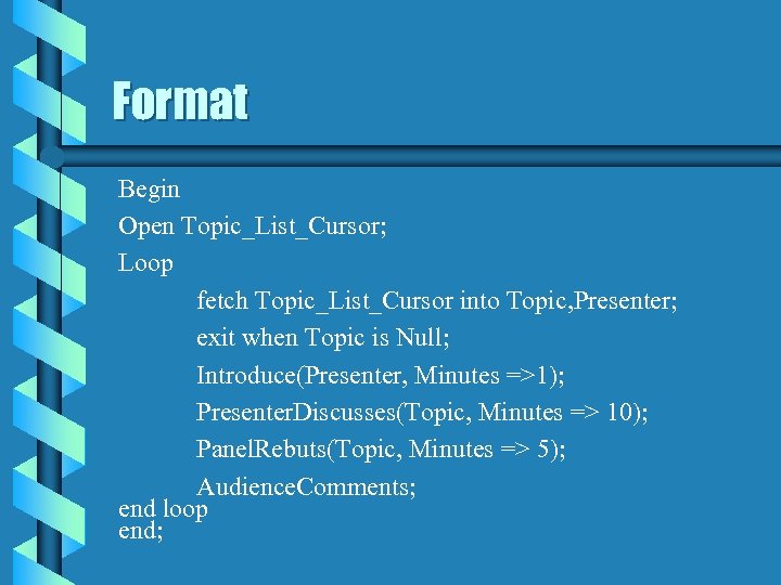 Format Begin Open Topic_List_Cursor; Loop fetch Topic_List_Cursor into Topic, Presenter; exit when Topic is