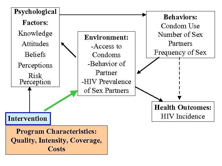 Psychological Factors: Knowledge Attitudes Beliefs Perceptions Risk Perception Environment: -Access to Condoms -Behavior of