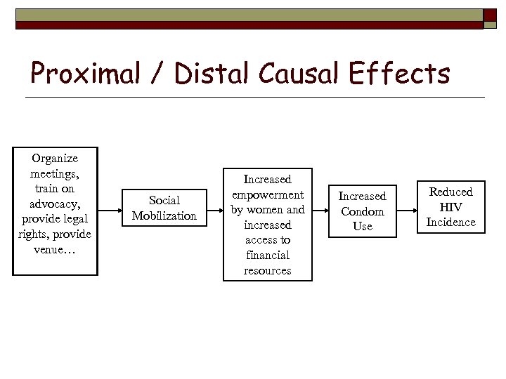 Proximal / Distal Causal Effects Organize meetings, train on advocacy, provide legal rights, provide