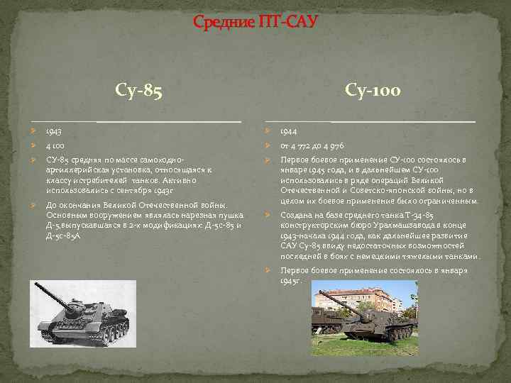 Средние ПТ-САУ Су-85 Су-100 Ø 1943 Ø 1944 Ø 4 100 Ø от 4