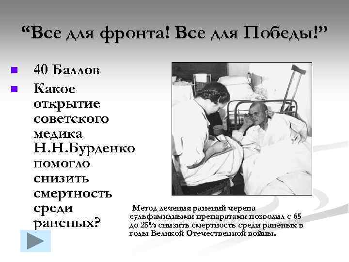 “Все для фронта! Все для Победы!” n n 40 Баллов Какое открытие советского медика