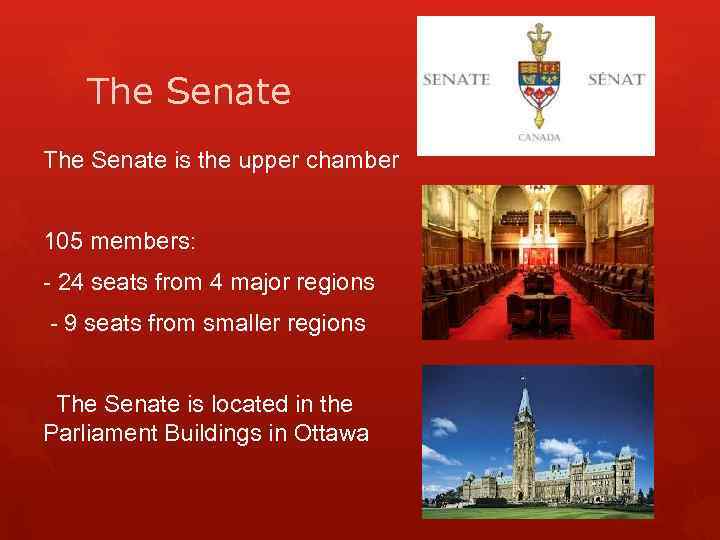 The Senate is the upper chamber 105 members: - 24 seats from 4 major