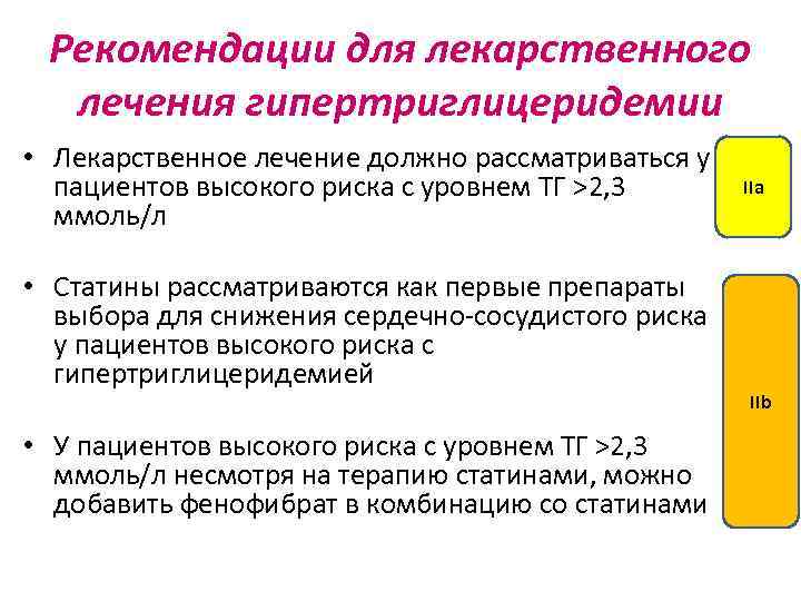 Рекомендации для лекарственного лечения гипертриглицеридемии • Лекарственное лечение должно рассматриваться у пациентов высокого риска