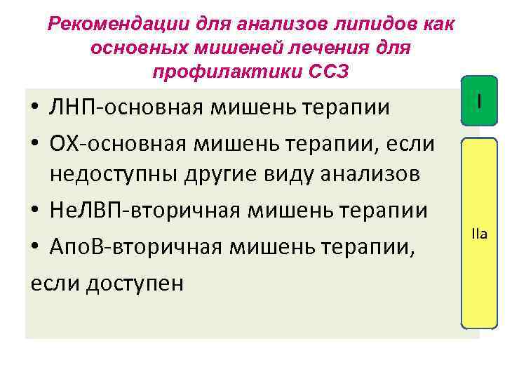 Рекомендации для анализов липидов как основных мишеней лечения для профилактики ССЗ • ЛНП-основная мишень
