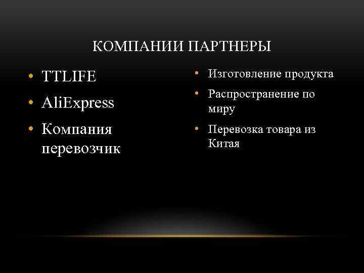 КОМПАНИИ ПАРТНЕРЫ • TTLIFE • Изготовление продукта • Ali. Express • Распространение по миру