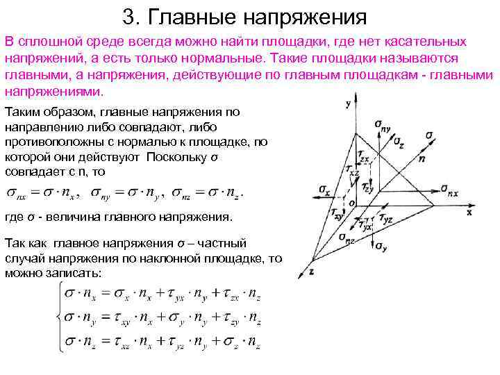 3. Главные напряжения В сплошной среде всегда можно найти площадки, где нет касательных напряжений,