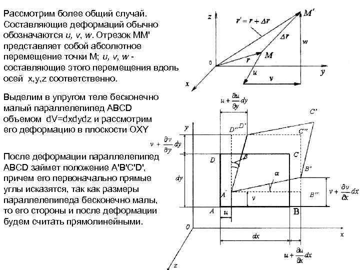 Рассмотрим более общий случай. Составляющие деформаций обычно обозначаются u, v, w. Отрезок ММ' представляет