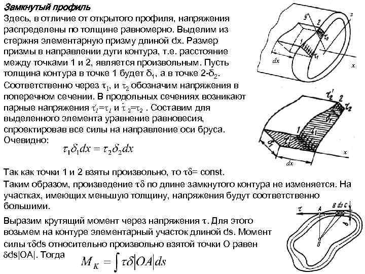 Замкнутый профиль Здесь, в отличие от открытого профиля, напряжения распределены по толщине равномерно. Выделим