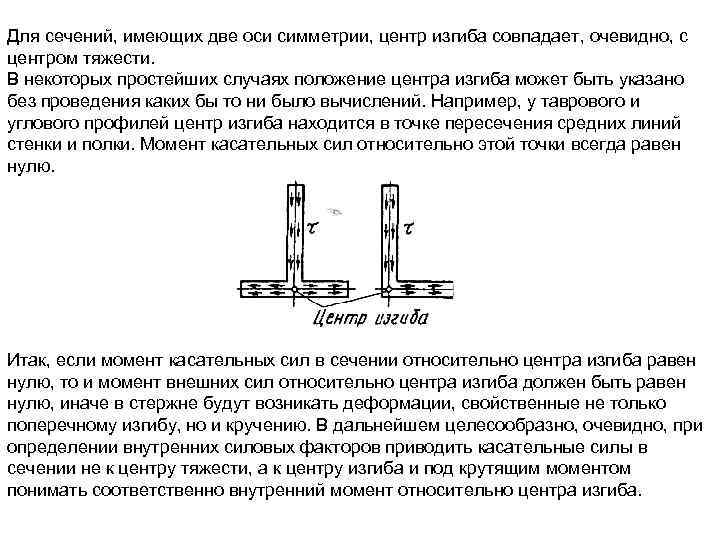 Для сечений, имеющих две оси симметрии, центр изгиба совпадает, очевидно, с центром тяжести. В