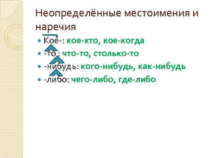 Неопределённые местоимения и наречия Кое-: кое-кто, кое-когда -то : что-то, столько-то -нибудь: кого-нибудь, как-нибудь